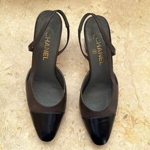 Chanel Women's Black and Brown Slingback Shoes